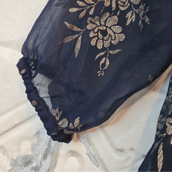Abercrombie & Fitch Y2K Floral Sheer Blouse with Button Detail Size XS Blue/Gold - Picture 8 of 11